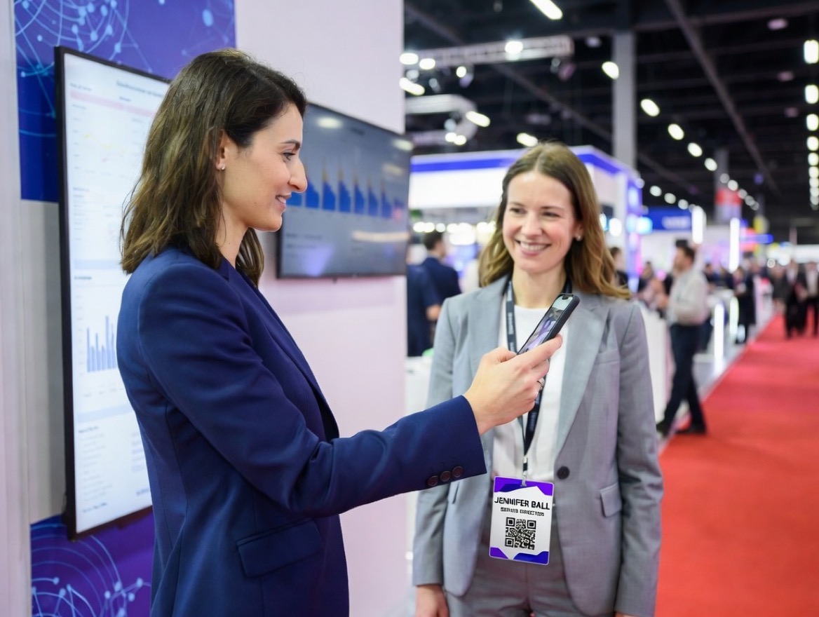 A staff member scans an attendee&rsquo;s badge with a handheld device at the booth