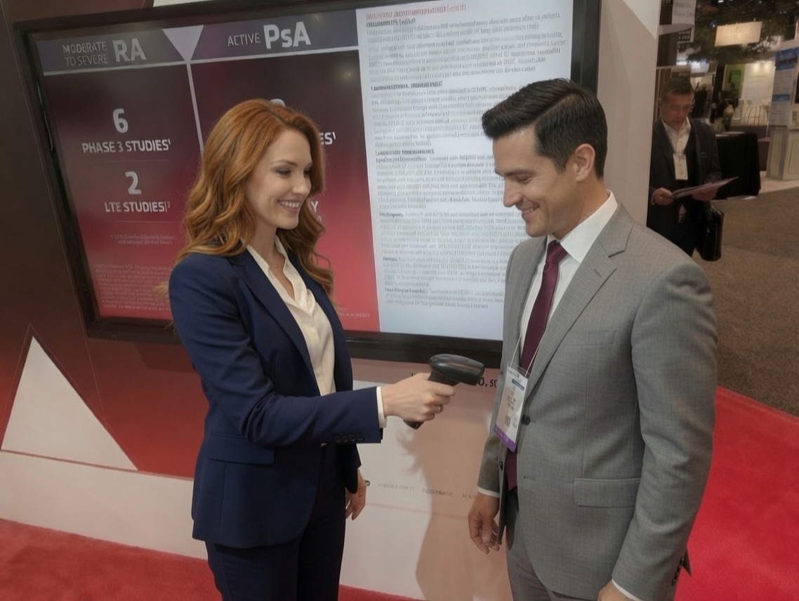 A staff member scans an attendee&rsquo;s badge in front of a pharmaceutical information wall